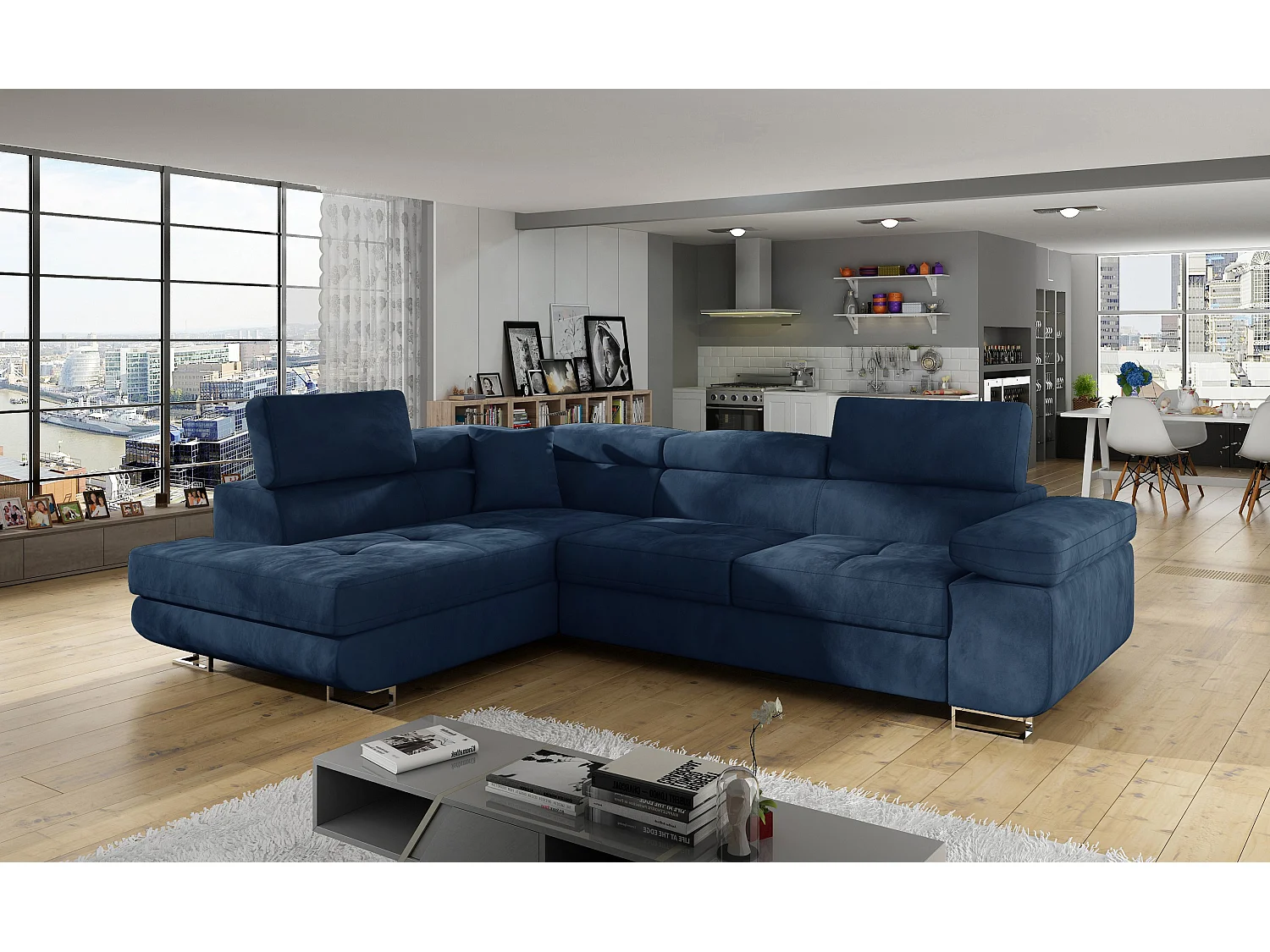 Canapé d'angle gauche convertible velours bleu marine Marka 275cm