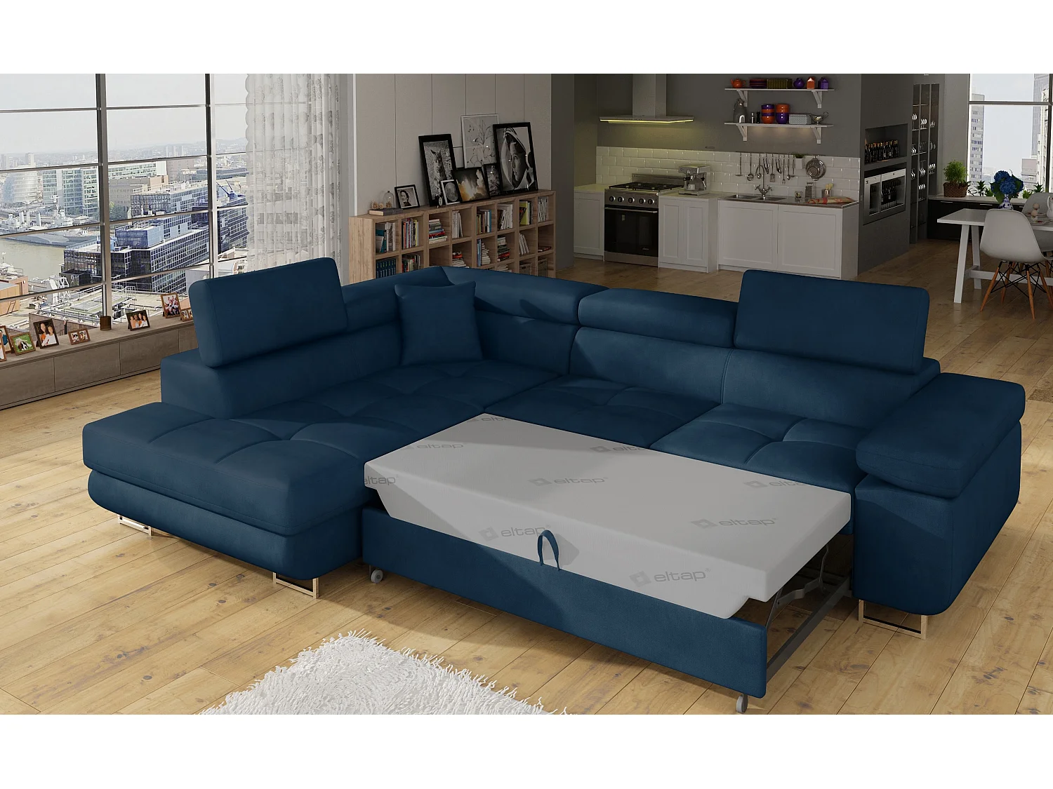 Sofá esquinero convertible en terciopelo con reposacabezas elevables - Colección Marka-Azul oscuro-Ángulo izquierdo