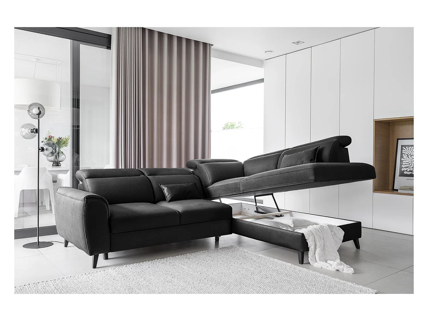 Canapé d'angle droit convertible tissu noir Noblesse 255cm
