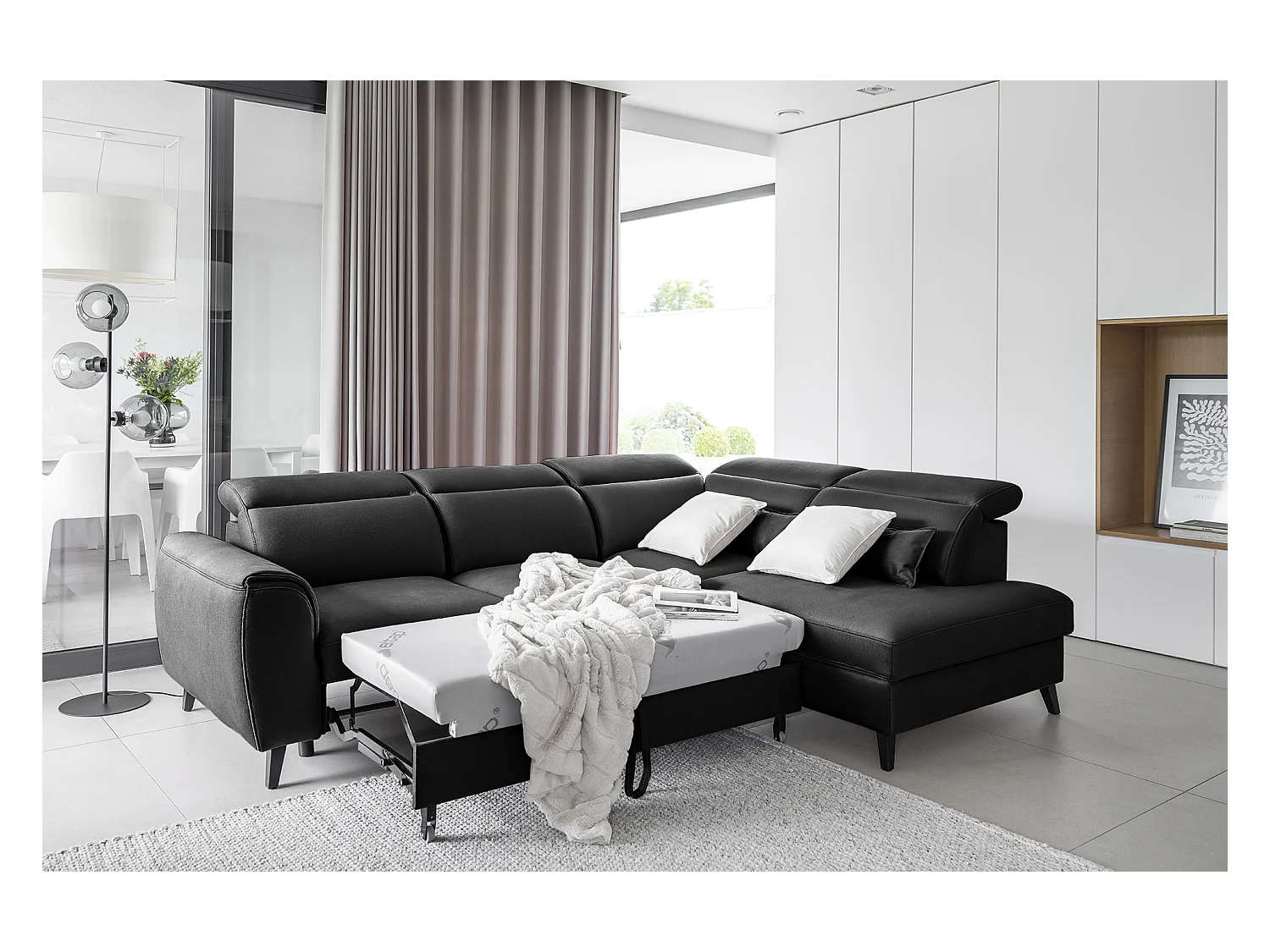 Canapé d'angle droit convertible tissu noir Noblesse 255cm