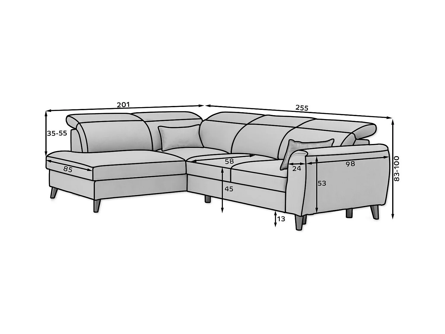 Canapé d'angle droit convertible tissu noir Noblesse 255cm