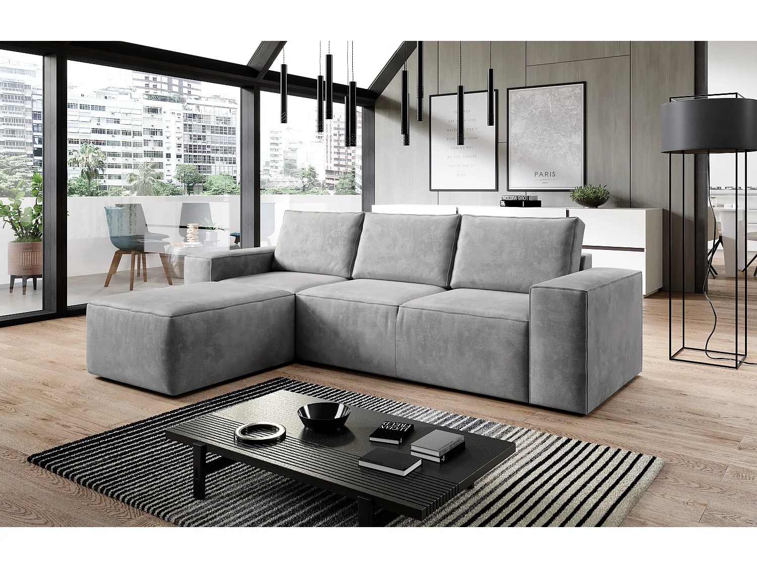 Canapé d'angle gauche convertible moderne tissu doux gris clair Willace 302cm