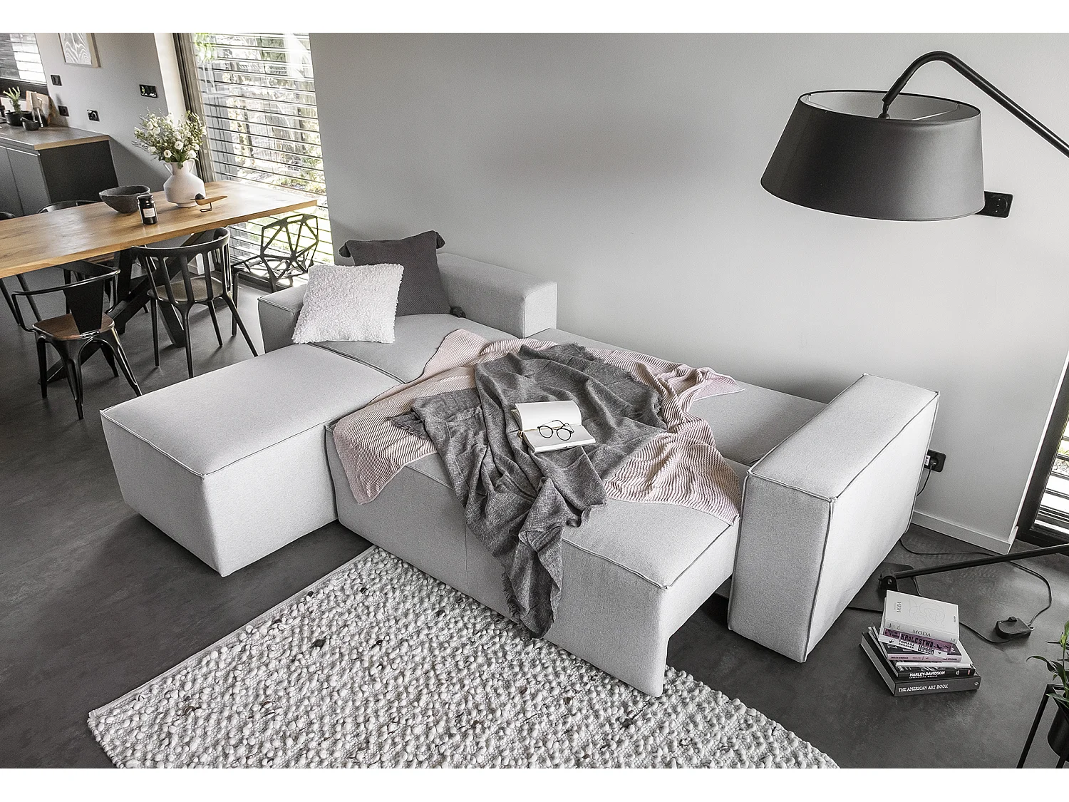 Canapé d'angle gauche convertible moderne tissu doux gris clair Willace 302cm