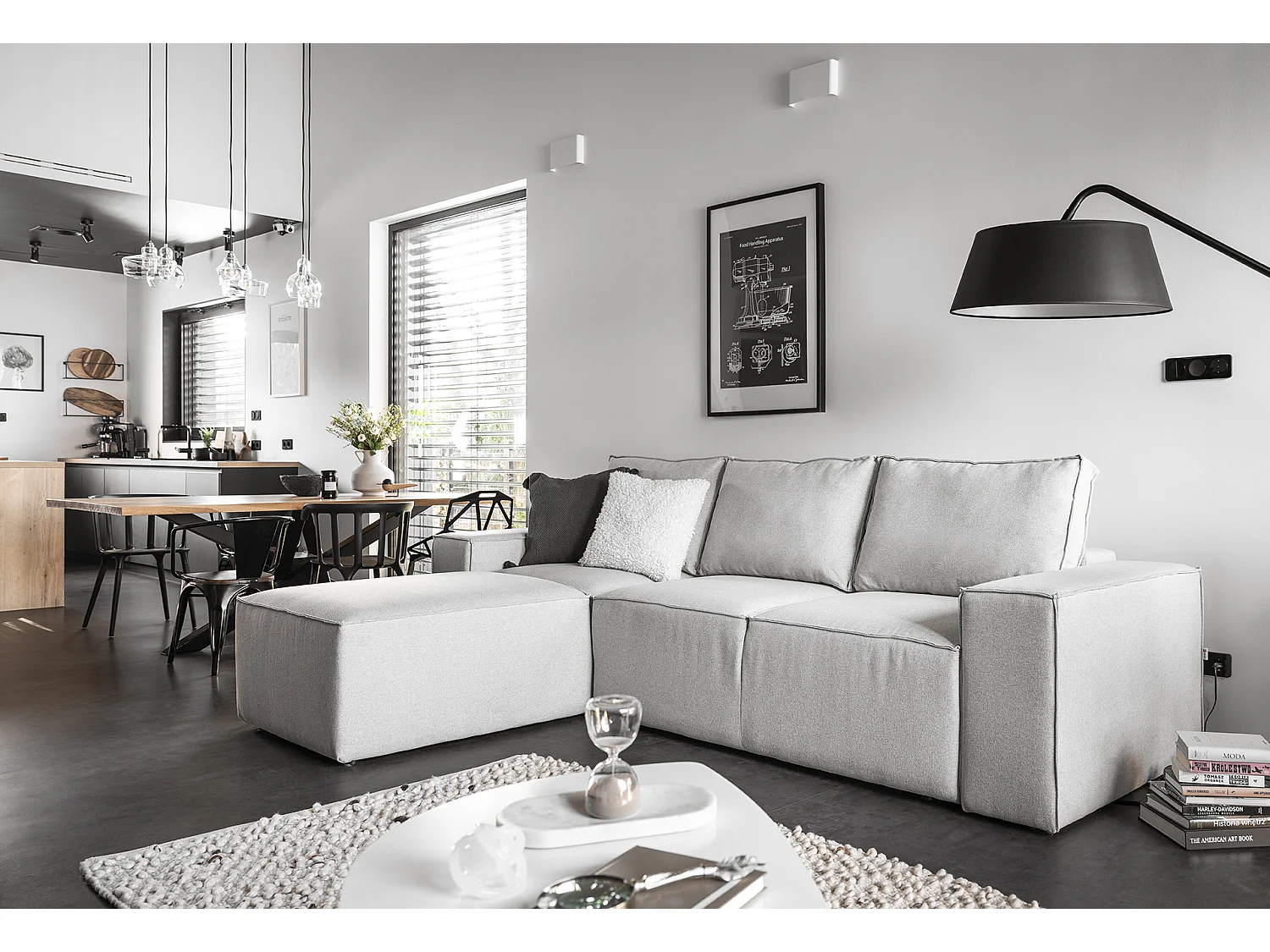 Canapé d'angle gauche convertible moderne tissu doux gris clair Willace 302cm