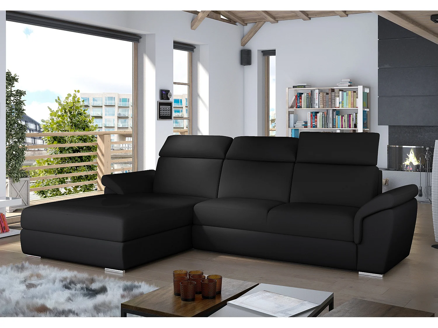 Canapé convertible d'angle gauche simili cuir noir Suzy 272cm