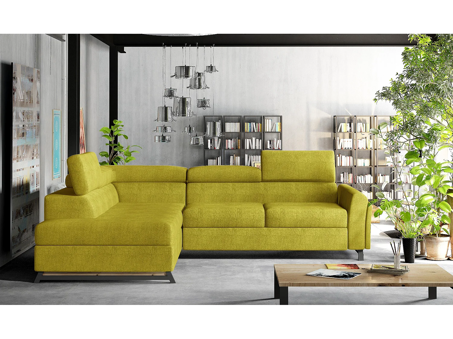 Canapé angle gauche convertible tissu jaune avec têtières réglables Nikos 265cm