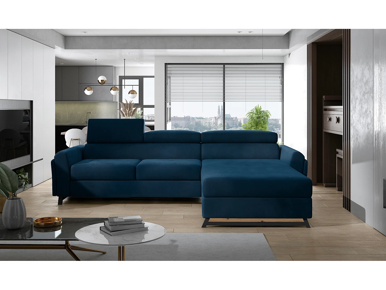 Canapé angle droit convertible velours bleu foncé avec appuis-tête réglables Mazerali 300cm