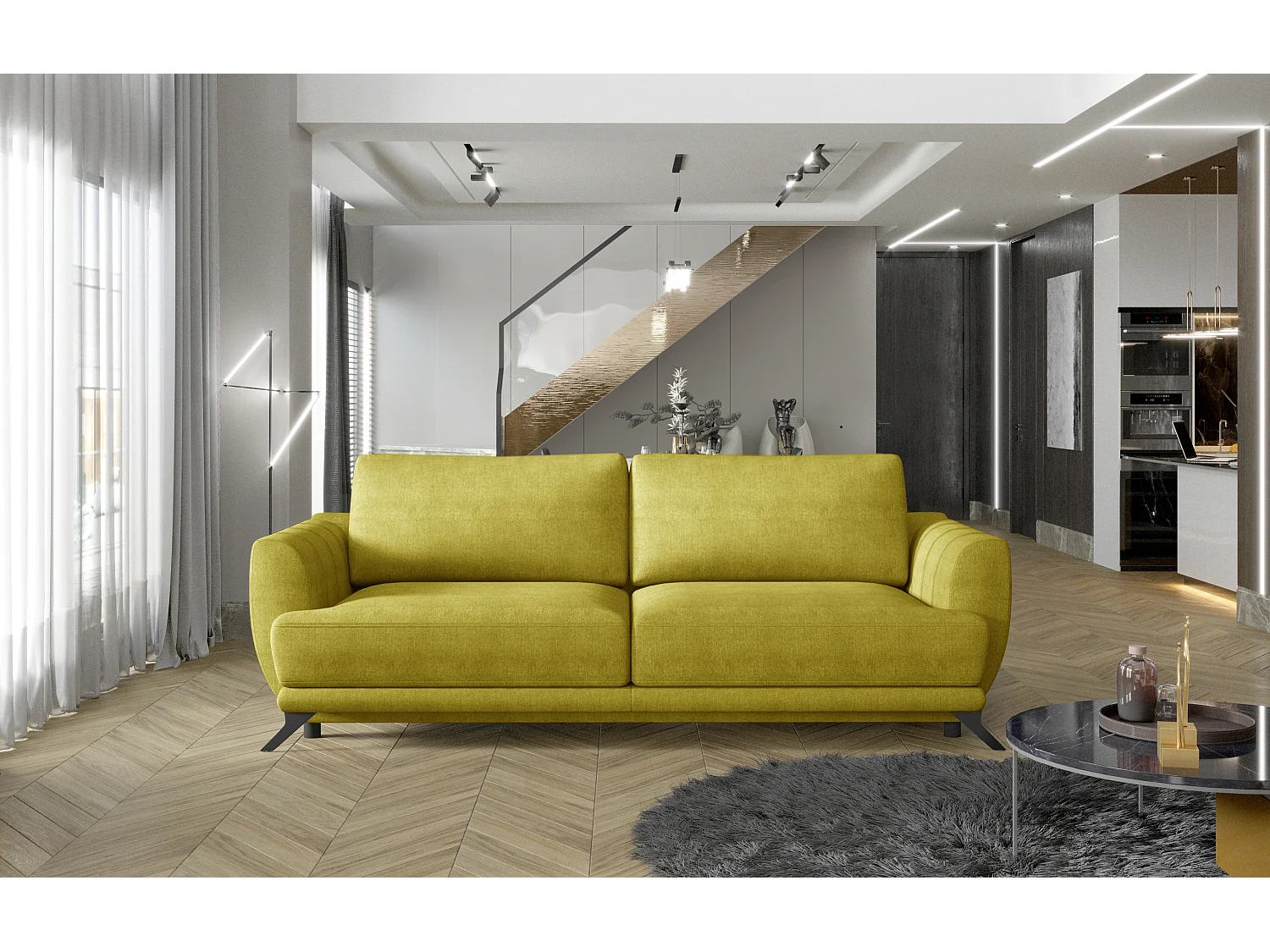 Canapé convertible 3-4 places tissu jaune et pieds métal noir Zora 250cm