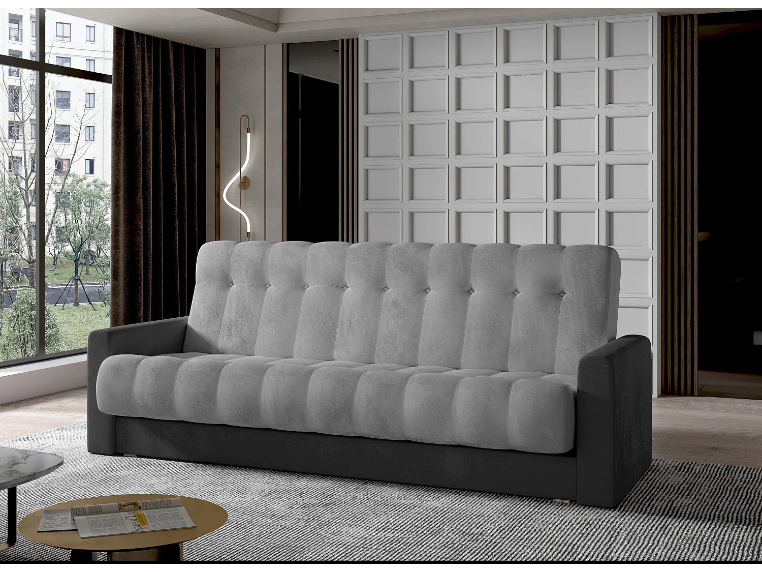 Canapé lit 3 places velours gris clair et gris foncé Barote 210cm