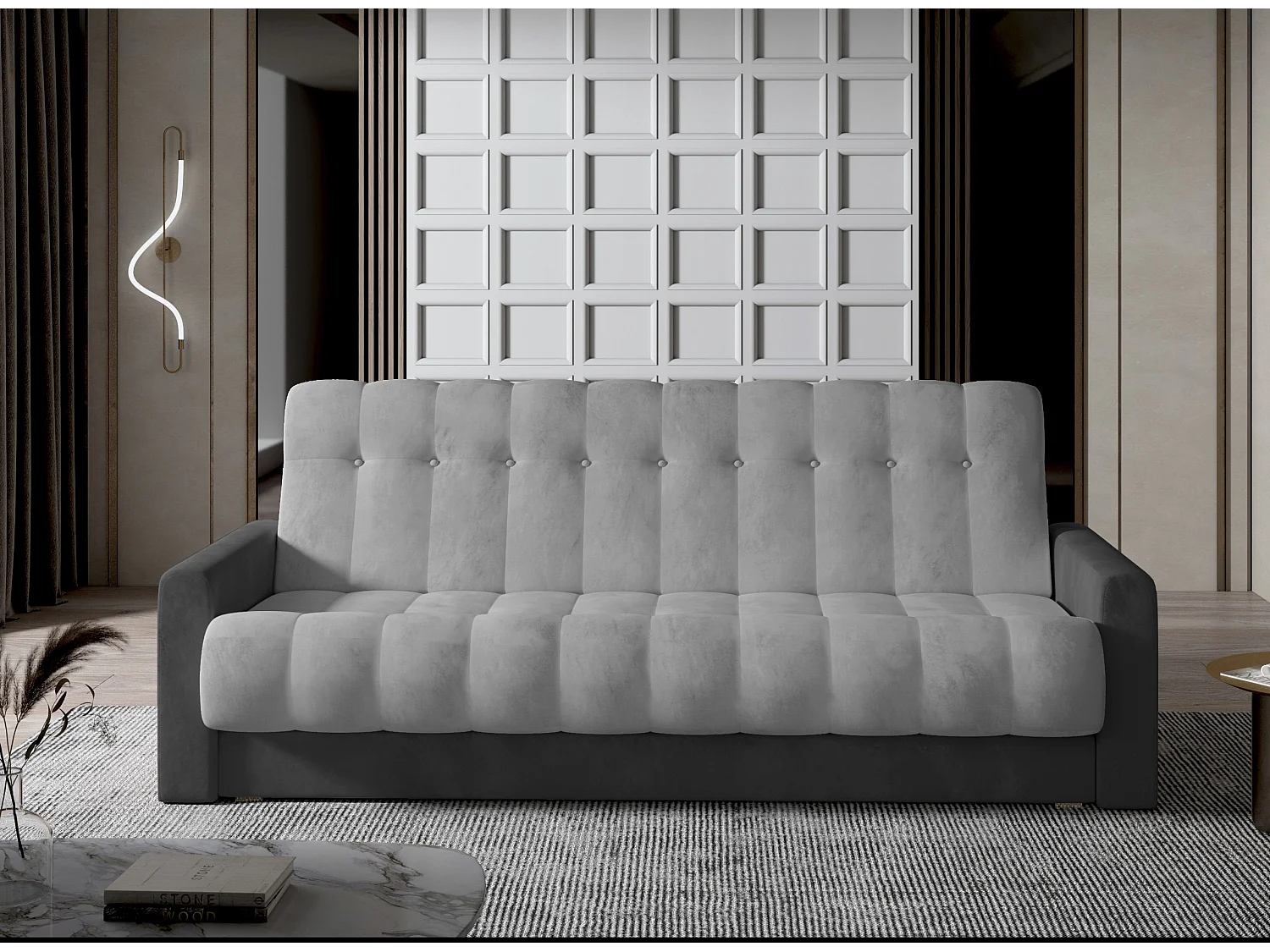 Canapé lit 3 places velours gris clair et gris foncé Barote 210cm