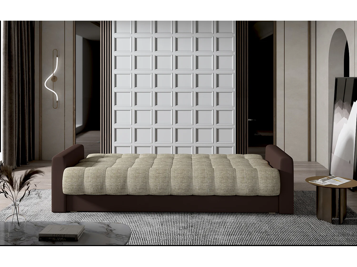 Canapé lit 3 places velours gris clair et gris foncé Barote 210cm