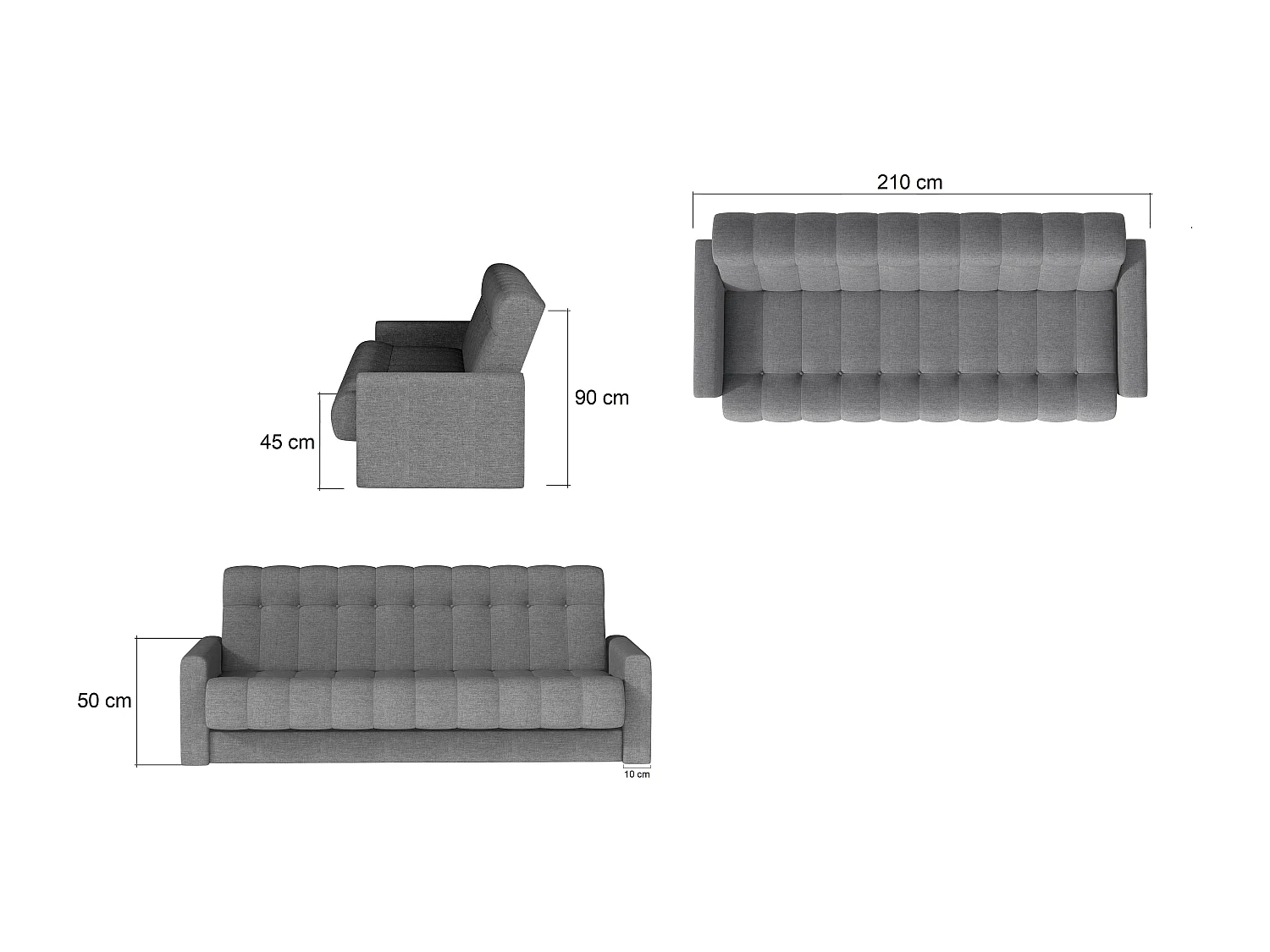 Canapé lit 3 places velours gris clair et gris foncé Barote 210cm