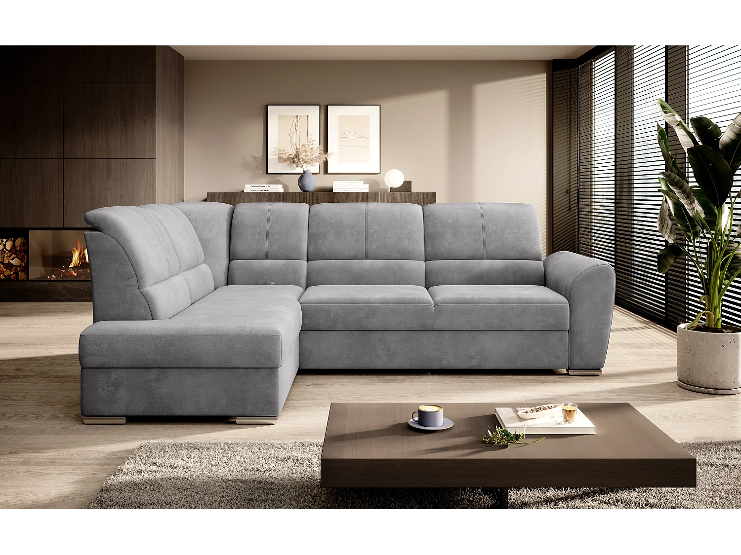 Converteerbare hoekbank links in zachte lichtgrijze stof en chroomstalen poten Zabor 270 cm