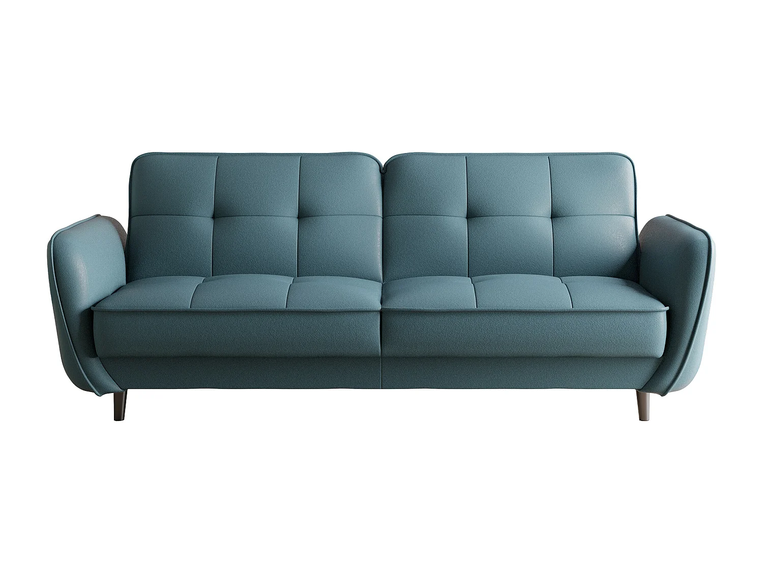 Canapé convertible 3 places tissu bleu canard capitonné et pieds bois noir Bizza 220cm