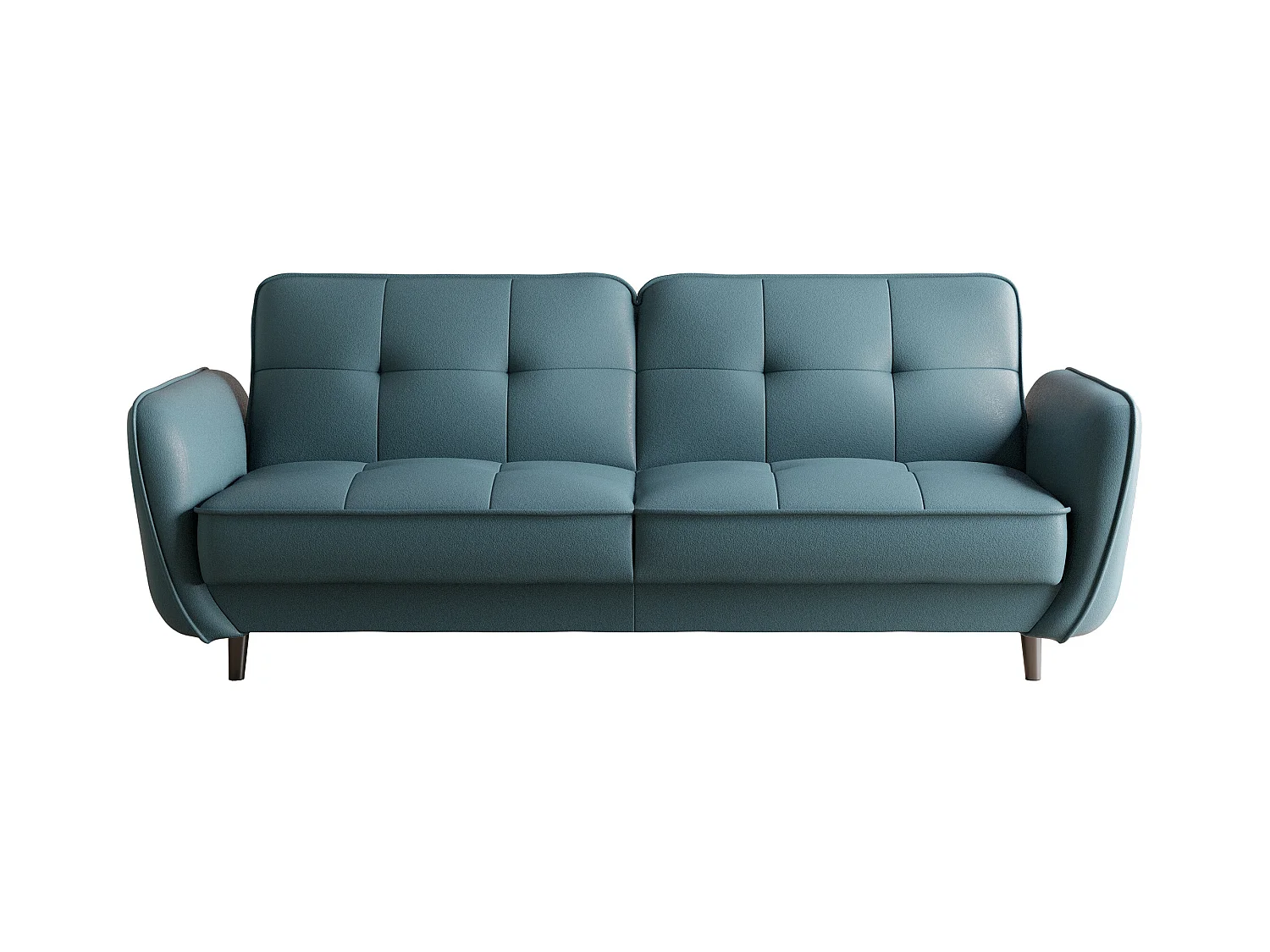 Canapé convertible 3 places tissu bleu canard capitonné et pieds bois noir Bizza 220cm