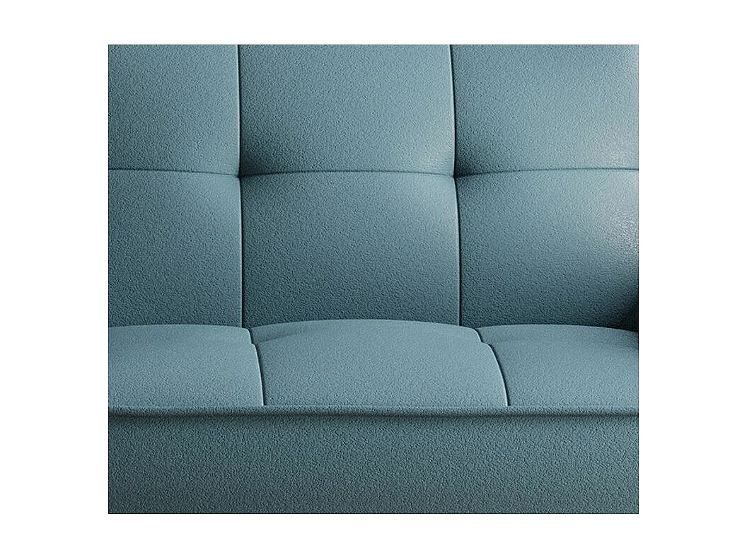 Canapé convertible 3 places tissu bleu canard capitonné et pieds bois noir Bizza 220cm