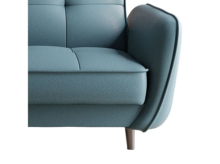 Canapé convertible 3 places tissu bleu canard capitonné et pieds bois noir Bizza 220cm