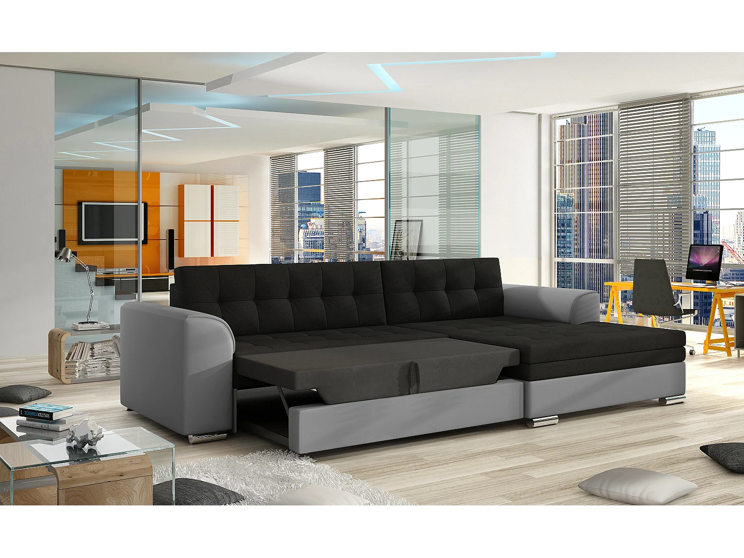 Canapé angle gauche convertible tissu gris foncé chiné Kapitona 270cm