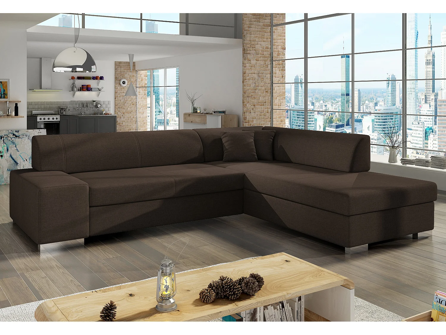 Canapé convertible moderne angle droit tissu marron Plazo 278cm