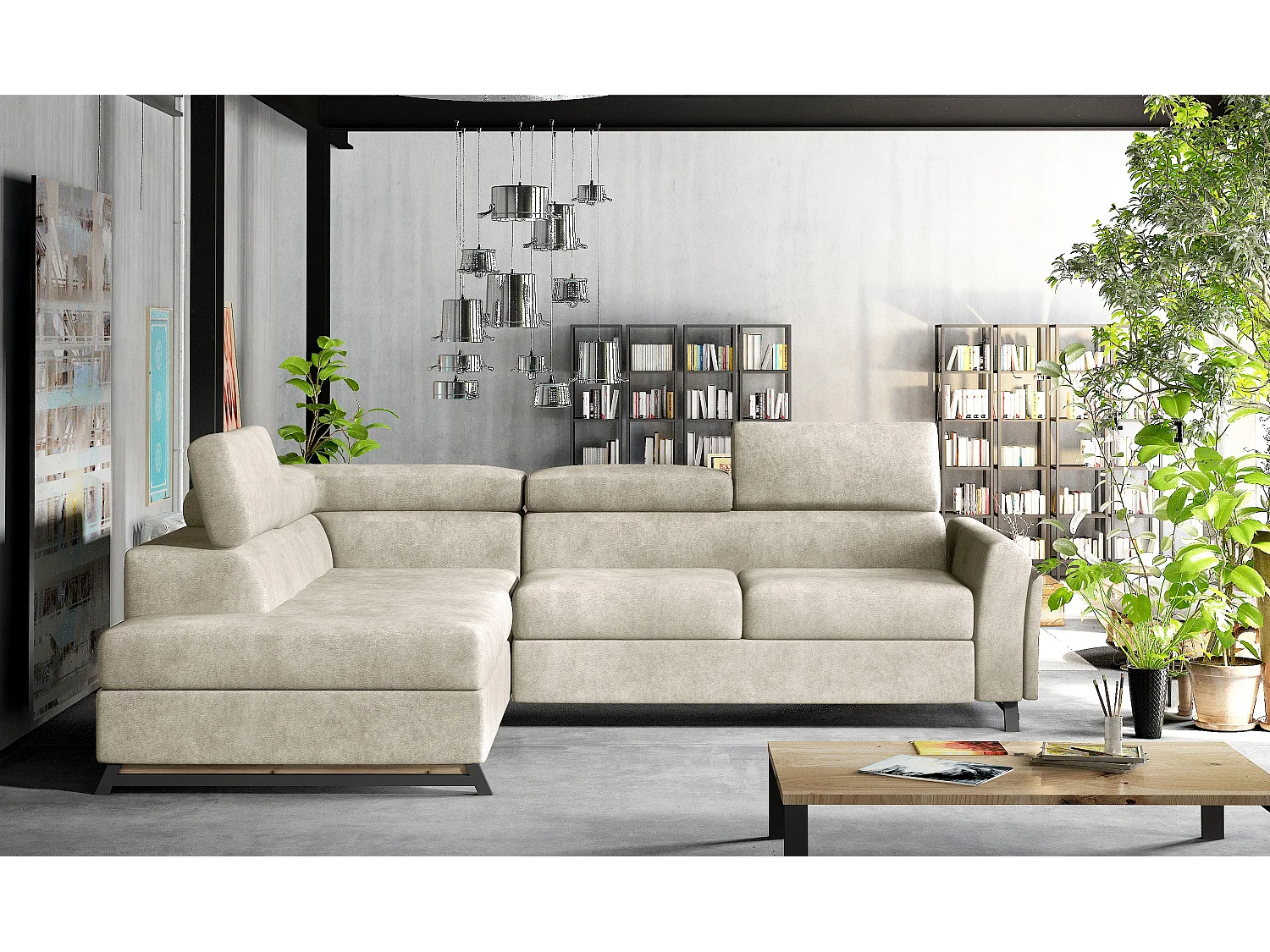 Converteerbare hoekbank links in beige stof met verstelbare hoofdsteunen Nikos 265 cm