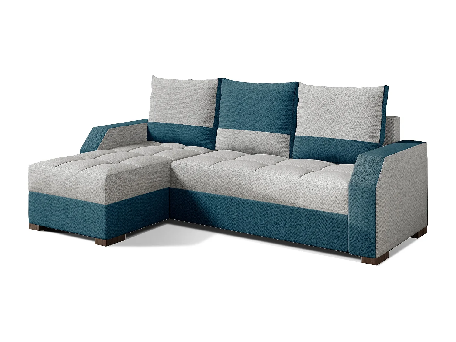 Canapé convertible angle réversible design tissu gris clair et bleu turquoise Zarky 250cm