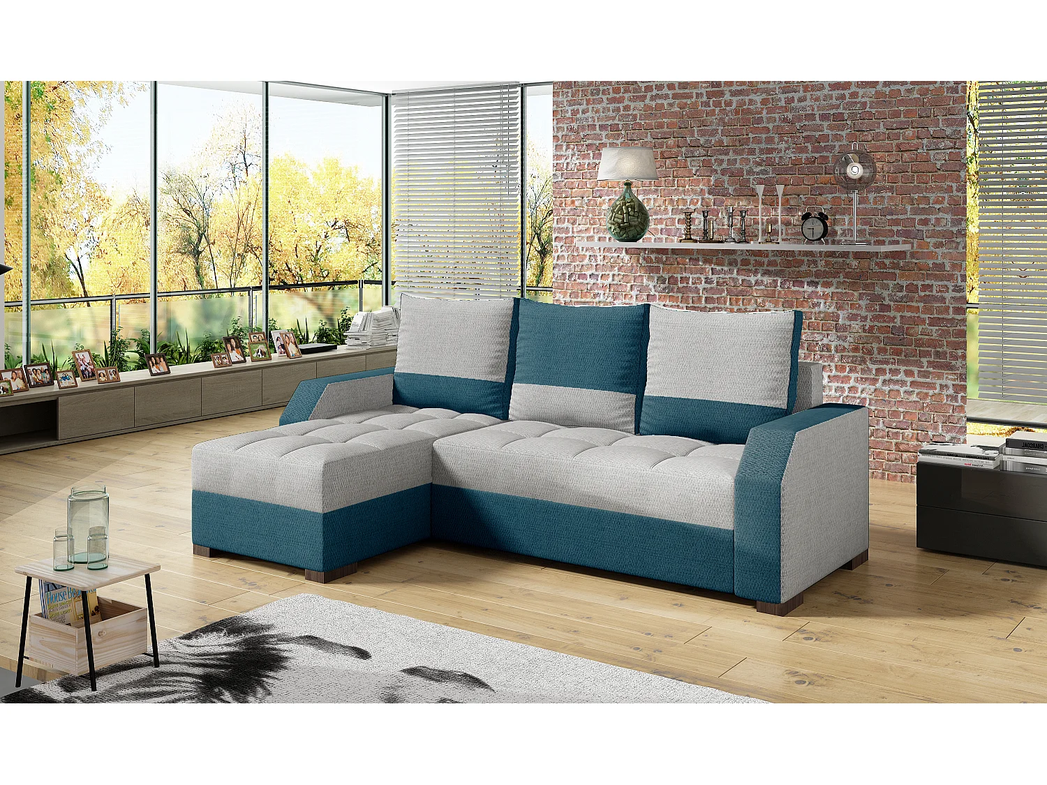 Canapé convertible angle réversible design tissu gris clair et bleu turquoise Zarky 250cm