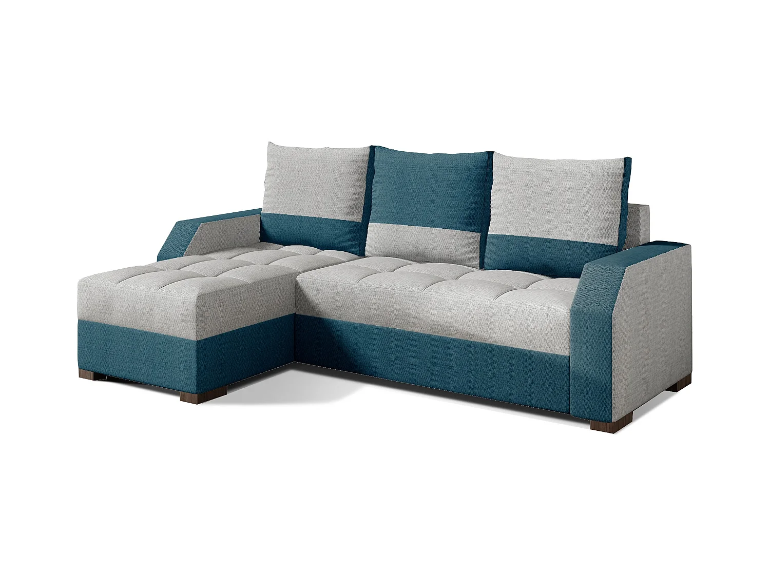 Canapé convertible angle réversible design tissu gris clair et bleu turquoise Zarky 250cm