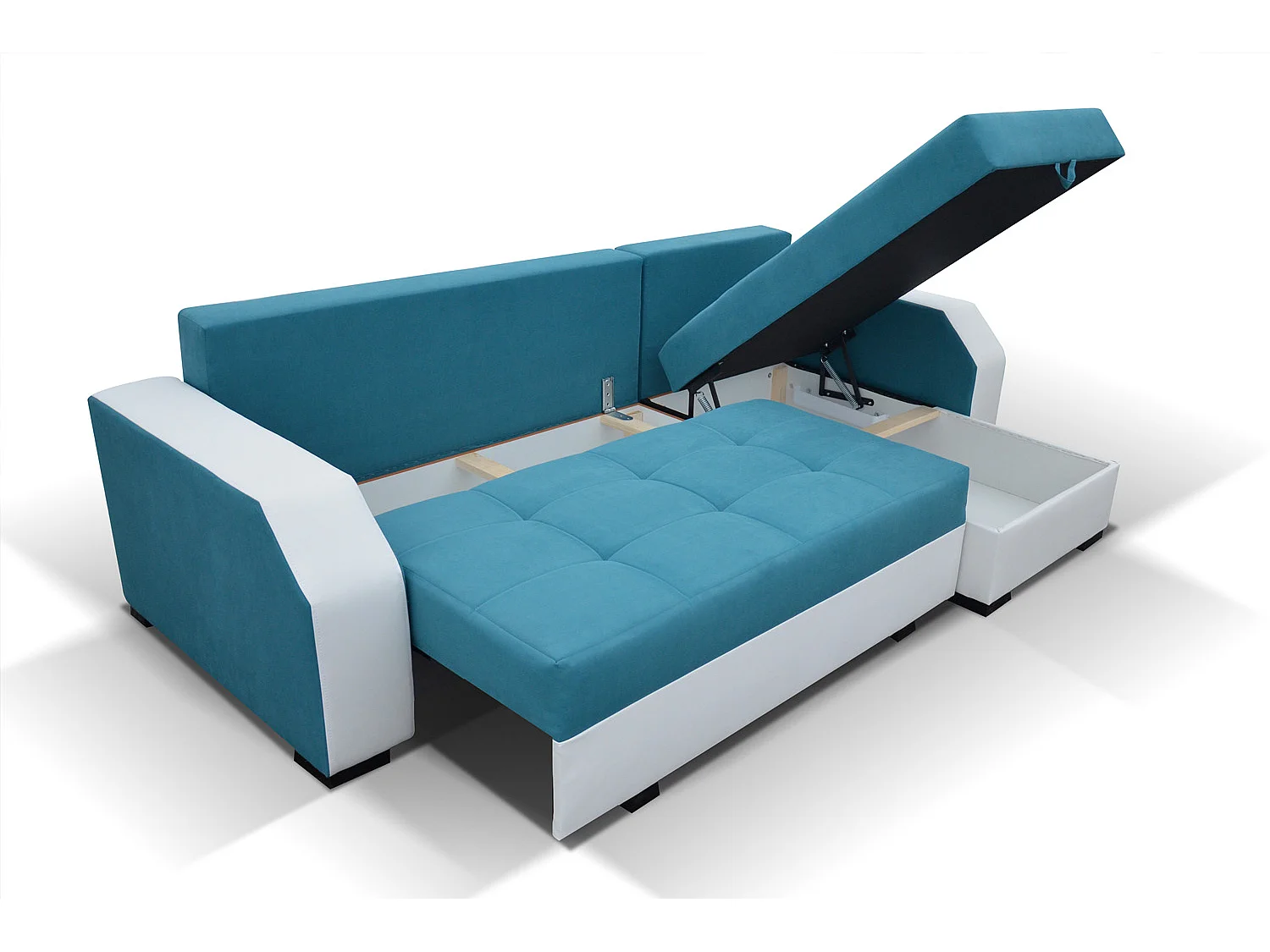 Canapé convertible angle réversible design tissu gris clair et bleu turquoise Zarky 250cm