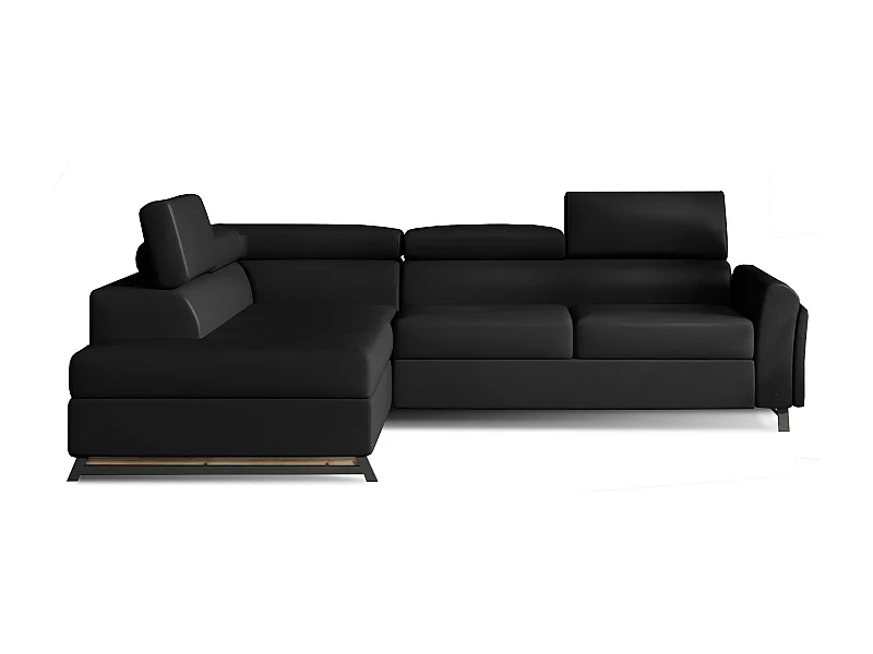 Canapé angle gauche convertible simili cuir noir avec têtières réglables Nikos 265cm