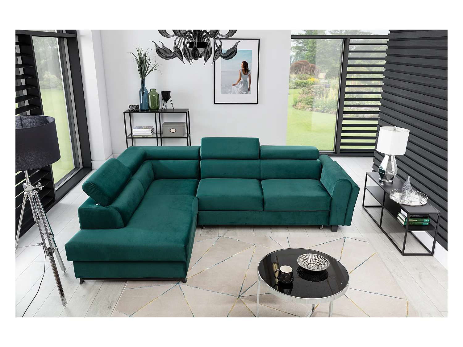 Canapé angle gauche convertible simili cuir noir avec têtières réglables Nikos 265cm