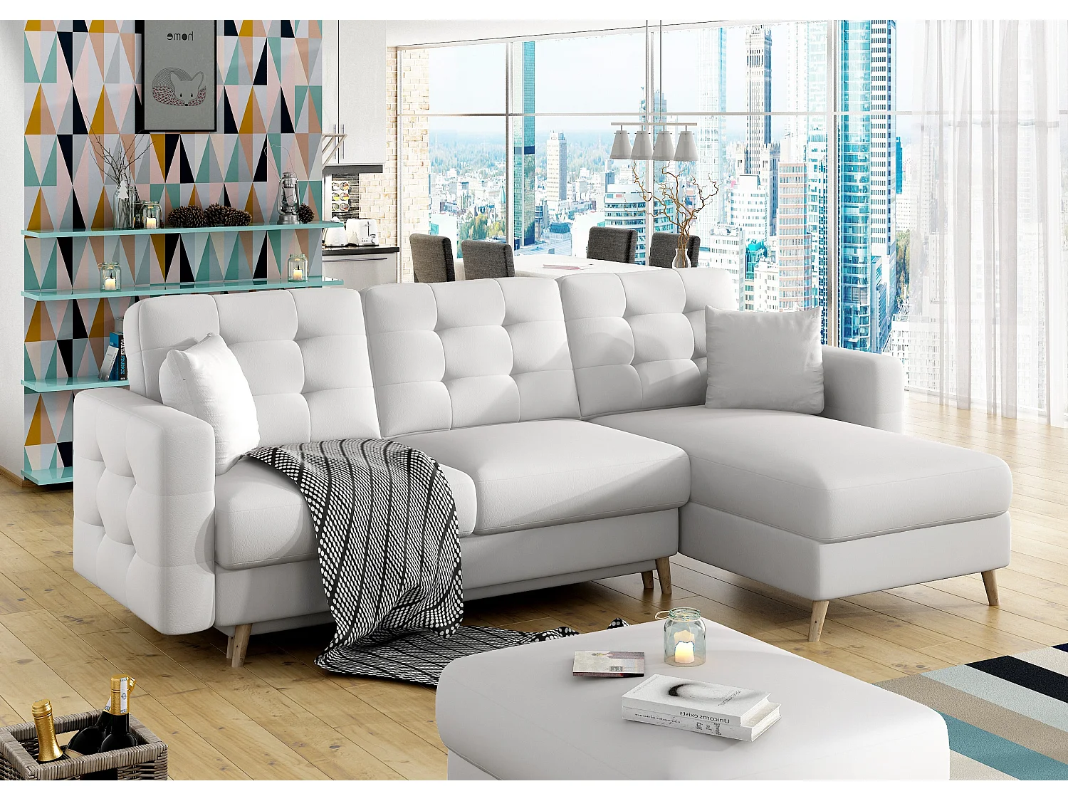 Canapé d'angle réversible et convertible simili cuir blanc Anska 250cm