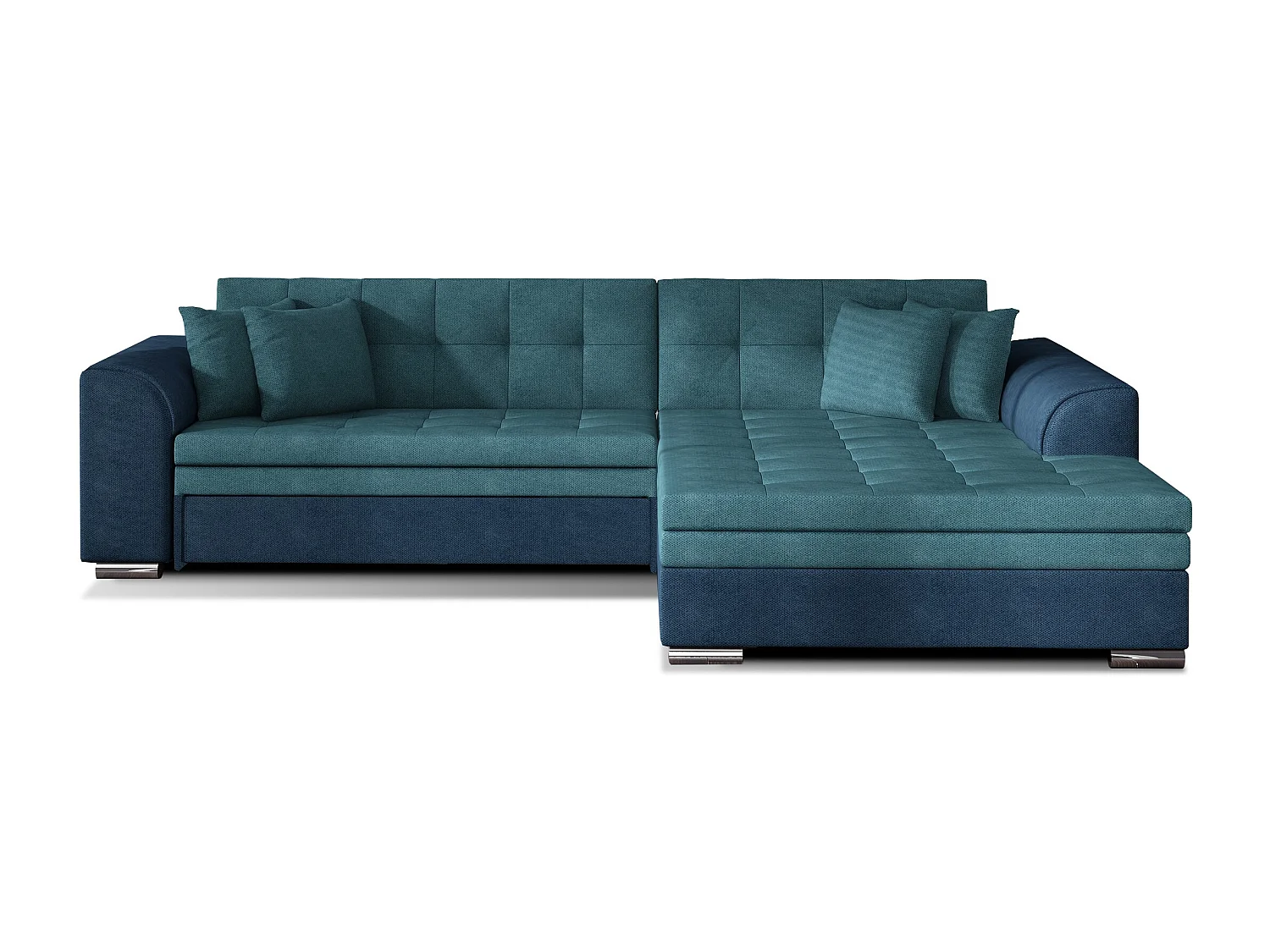 Canapé d'angle droit convertible 4 places tissu bleu foncé et bleu turquoise Looka 295cm