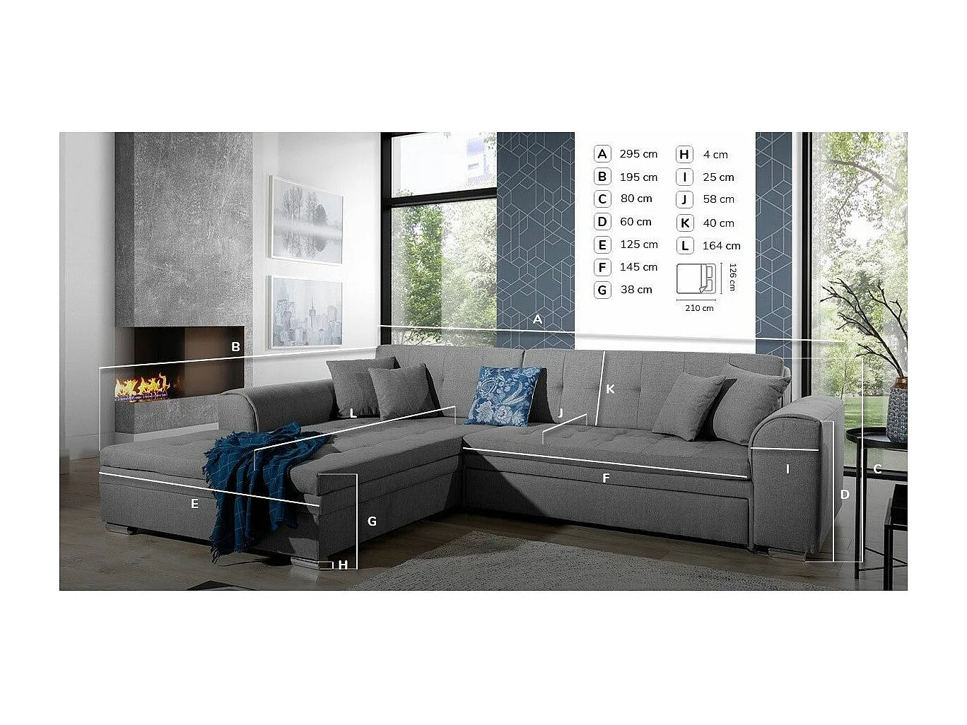 Canapé d'angle droit convertible 4 places tissu bleu foncé et bleu turquoise Looka 295cm