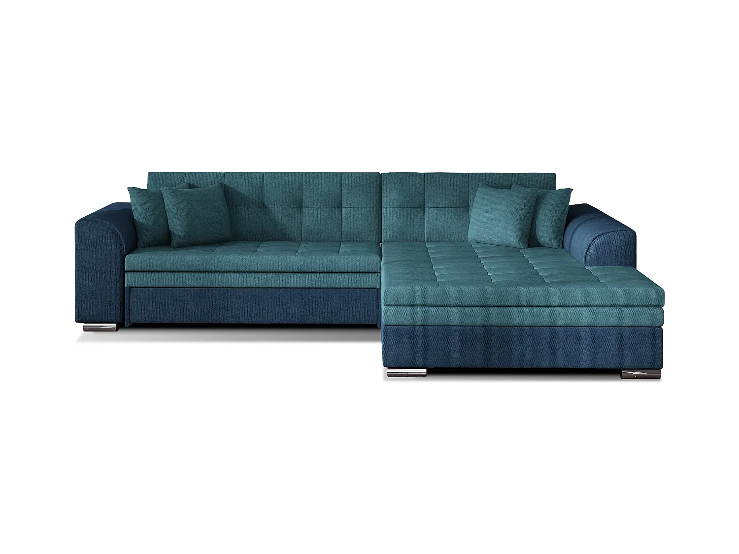 Canapé d'angle droit convertible 4 places tissu bleu foncé et bleu turquoise Looka 295cm
