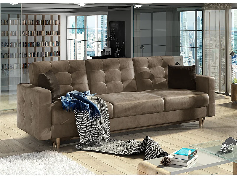 Canapé 3 places convertible matelassé velours châtaigne Anska 235cm