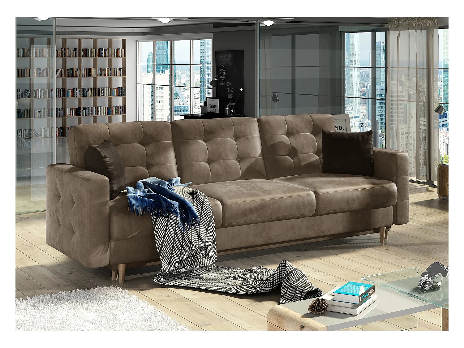 Canapé 3 places convertible matelassé velours châtaigne Anska 235cm
