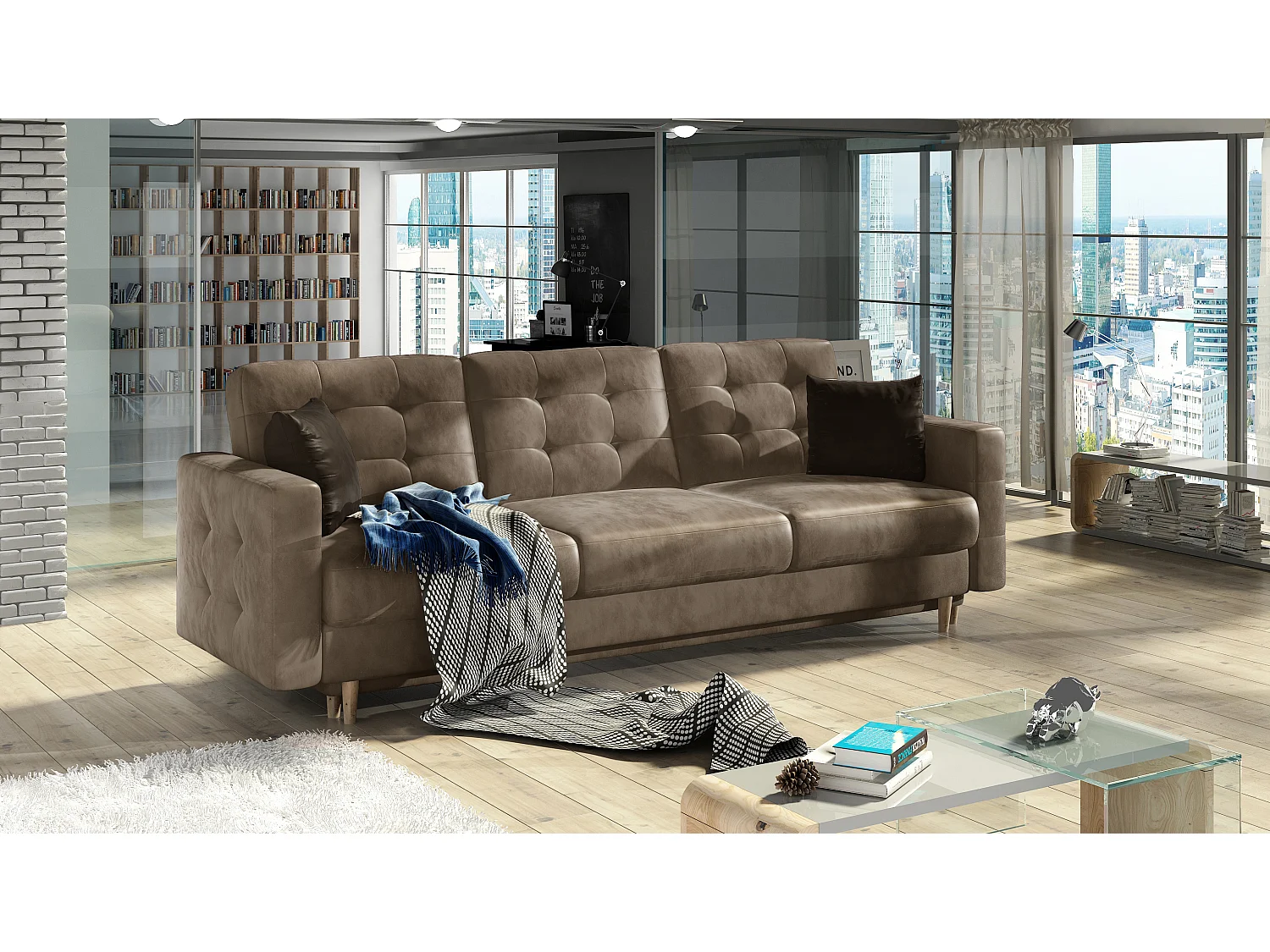 Canapé 3 places convertible matelassé velours châtaigne Anska 235cm