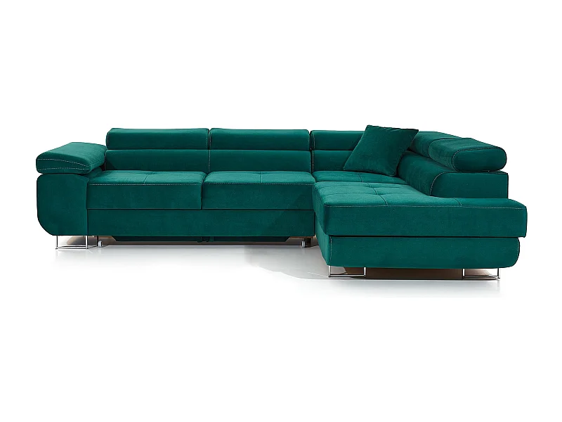 Canapé d'angle convertible velours MARKA - Coffre et appuis-tête réglables-Vert-angle droit