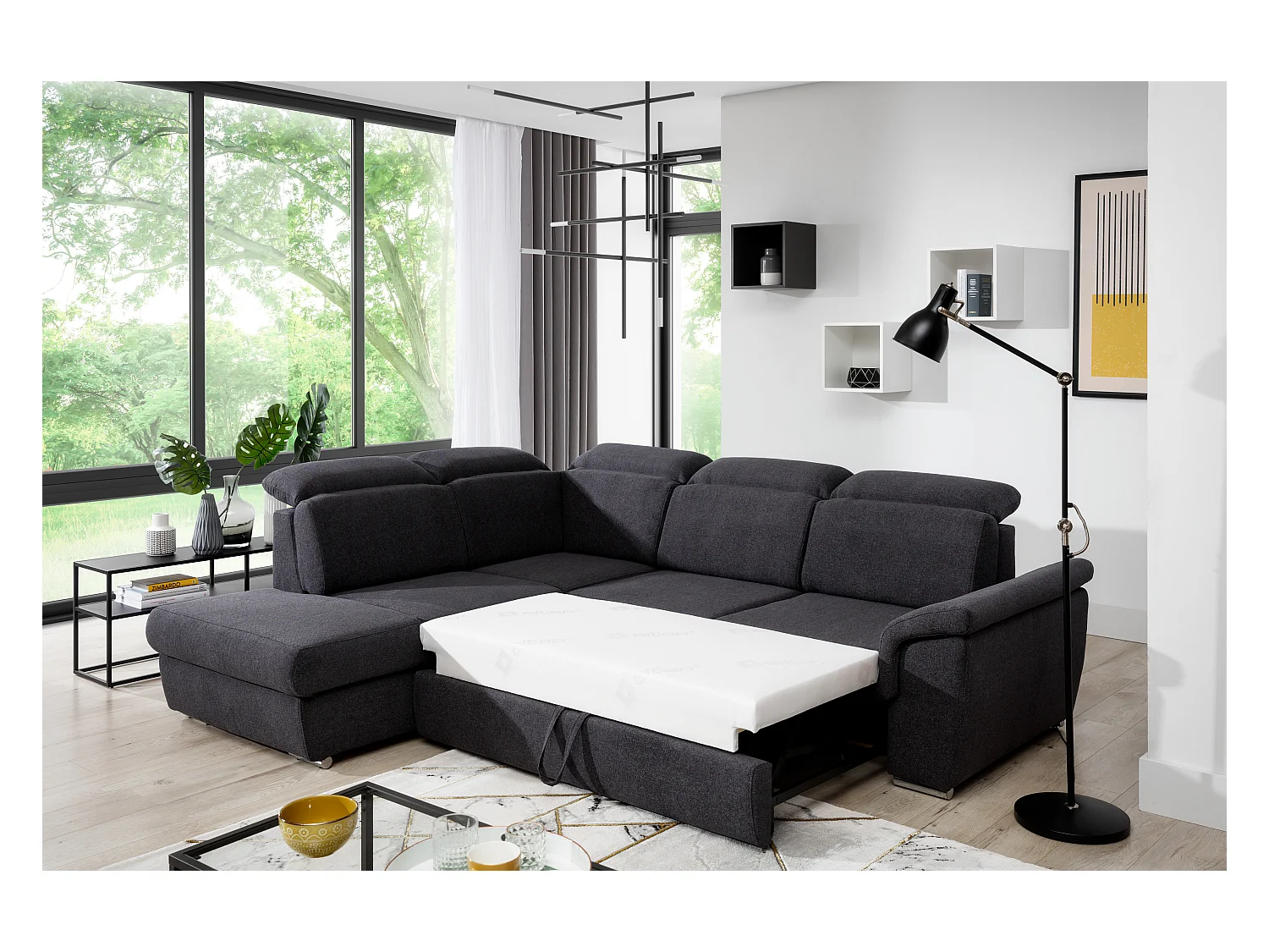 Converteerbare hoekbank links in lichtgrijs gevlekte stof met verstelbare hoofdsteunen Kepita 260 cm