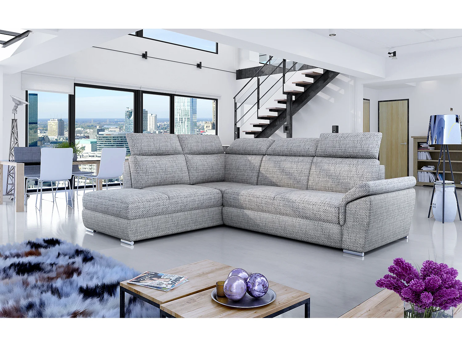 Canapé angle gauche convertible tissu gris clair chiné avec appuis-tête réglables Kepita 260cm