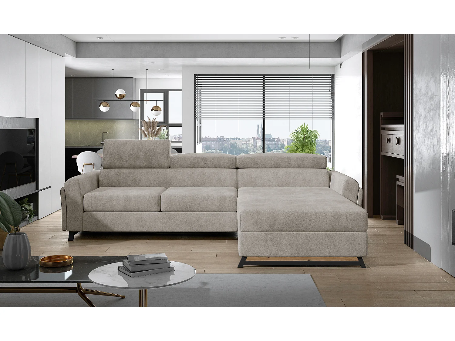 Canapé angle droit convertible tissu beige avec appuis-tête réglables Mazerali 300cm