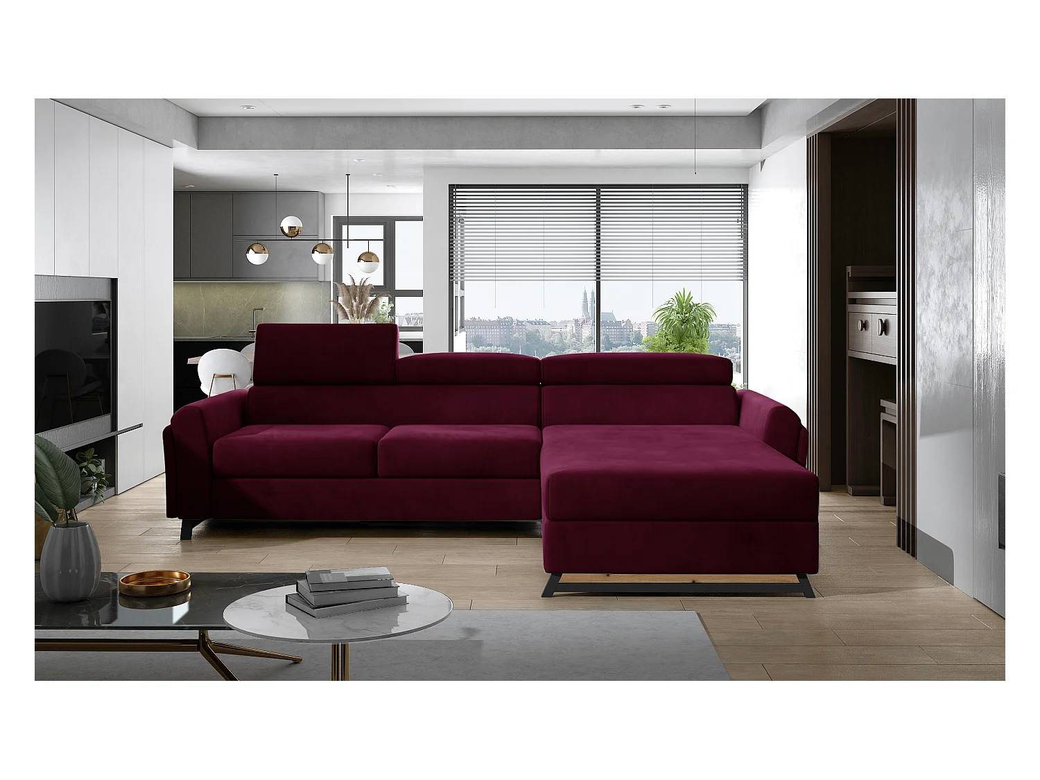 Canapé angle droit convertible velours bordeaux avec appuis-tête réglables Mazerali 300cm