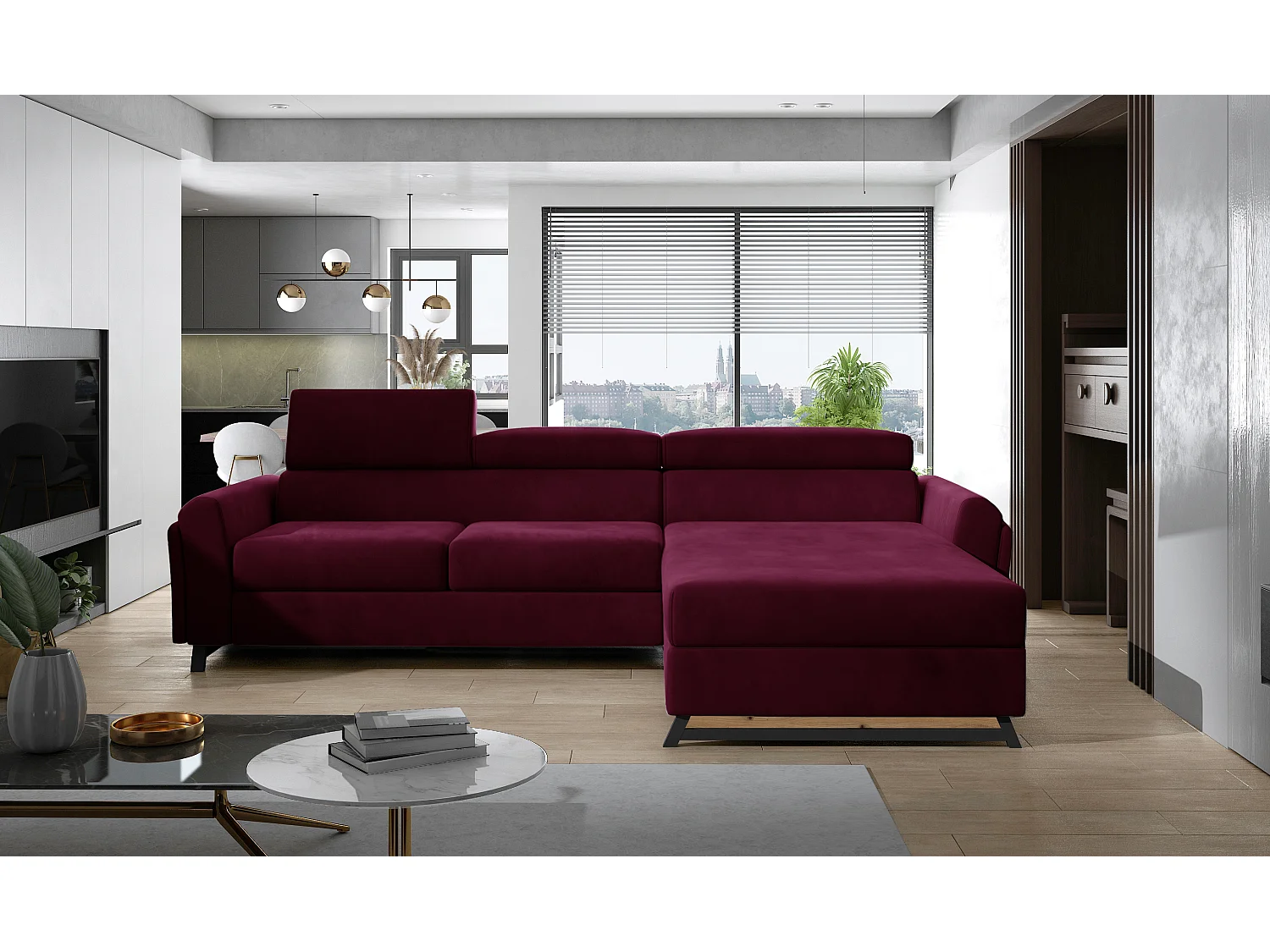 Canapé angle droit convertible velours bordeaux avec appuis-tête réglables Mazerali 300cm