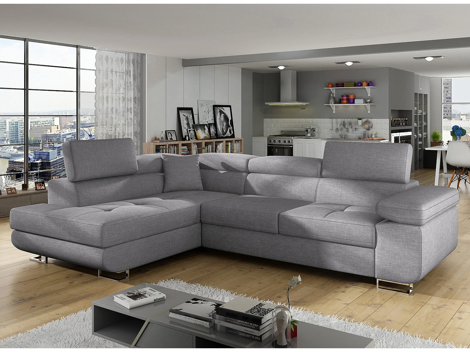 Canapé d'angle gauche convertible tissu gris clair Marka 275cm