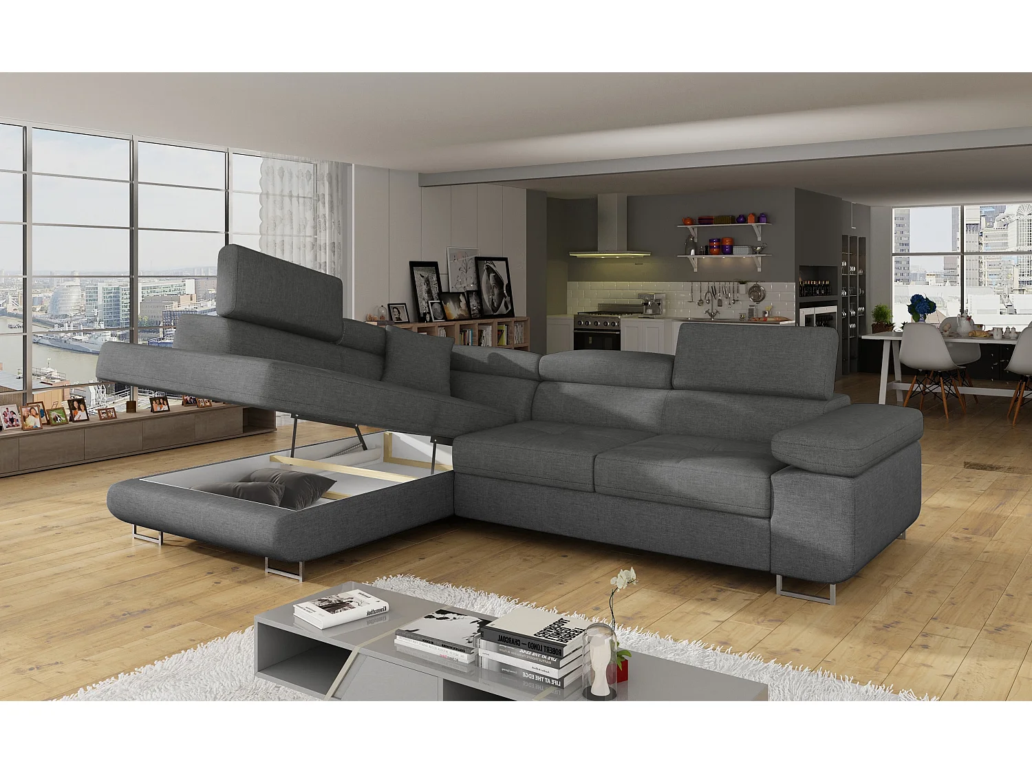 Canapé d'angle convertible tissu MARKA - Coffre et appuis-tête réglables-Gris-angle gauche