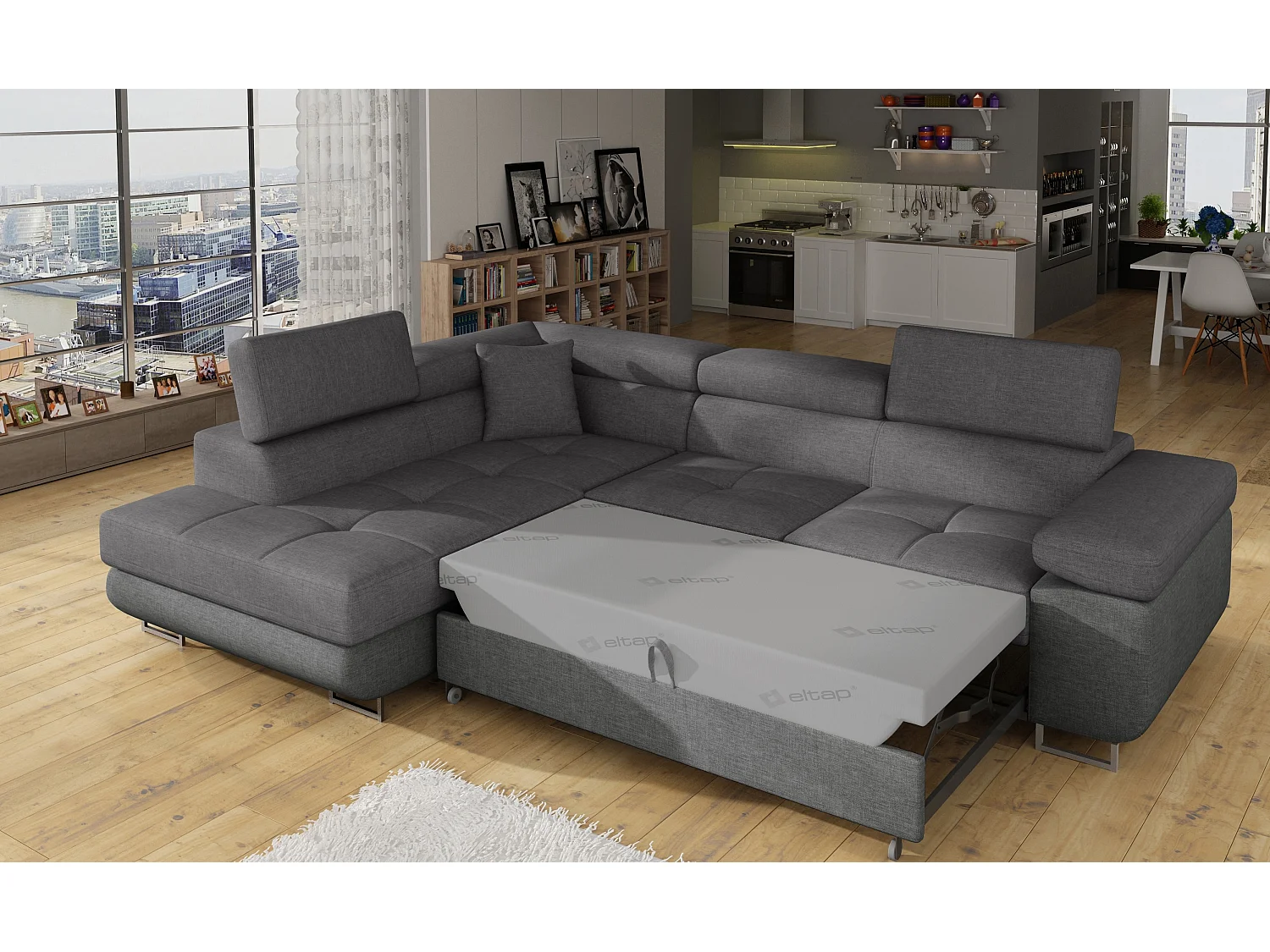 Canapé d'angle convertible tissu MARKA - Coffre et appuis-tête réglables-Gris-angle gauche