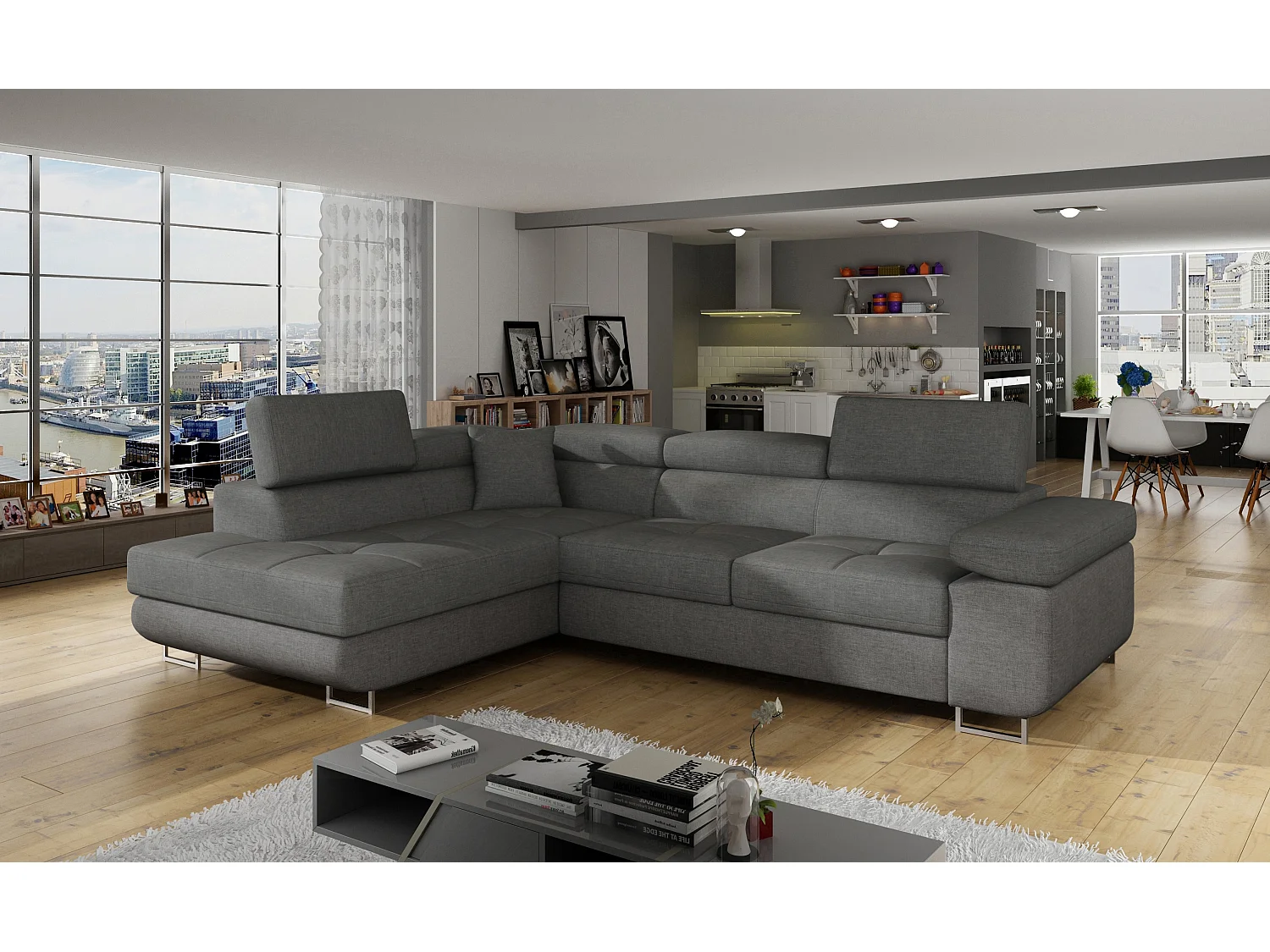 Canapé d'angle convertible tissu MARKA - Coffre et appuis-tête réglables-Gris-angle gauche