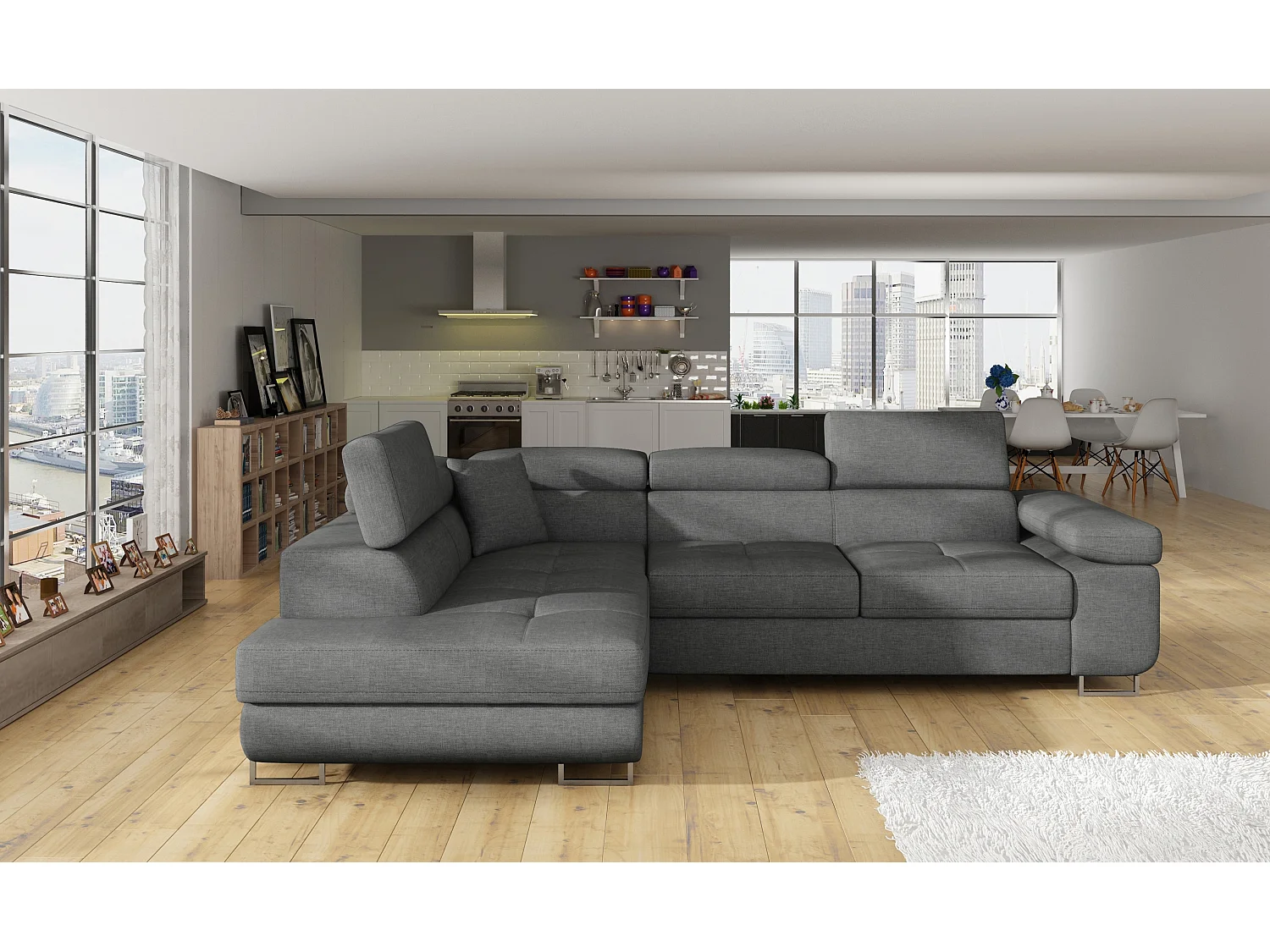 Canapé d'angle convertible tissu MARKA - Coffre et appuis-tête réglables-Gris-angle gauche