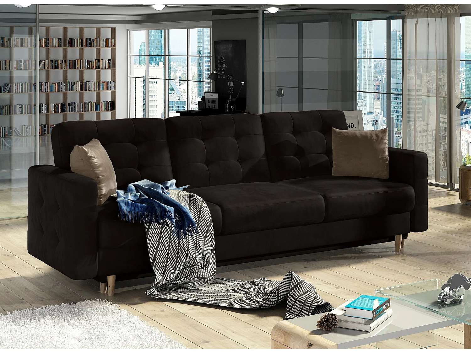 Canapé 3 places convertible matelassé velours chocolat Anska 235cm