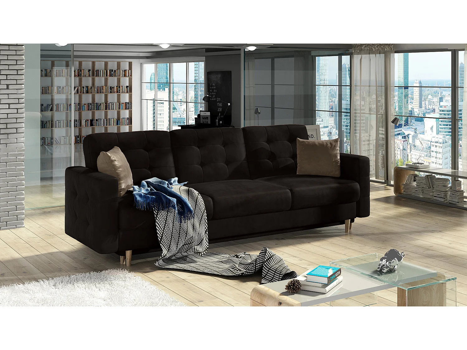 Canapé 3 places convertible matelassé velours chocolat Anska 235cm